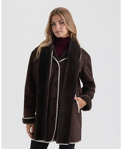 Ellen Tracy Women's Shearling Scarf Jacket with Contrast Stitching