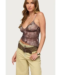 Edikted Womens Embroidered Asymmetric Printed Mesh Top