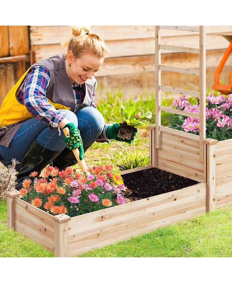 Gymax Raised Garden Bed w/ 2 Planter Boxes & Trellis Outdoor Wooden Planter Box Kit for Sapling