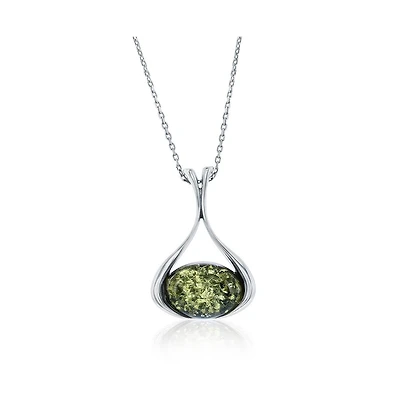 Caribbean Treasures Sterling Silver, Oval Green Amber, Pear-Shaped Pendant