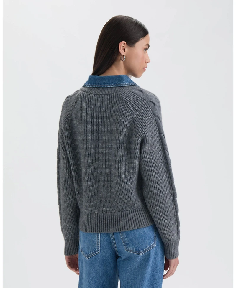 Nvlt Women's Twofer Cable Front Sweater with Denim Collar