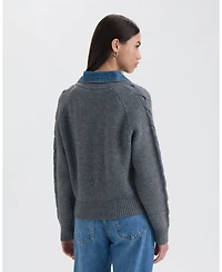 Nvlt Women's Twofer Cable Front Sweater with Denim Collar