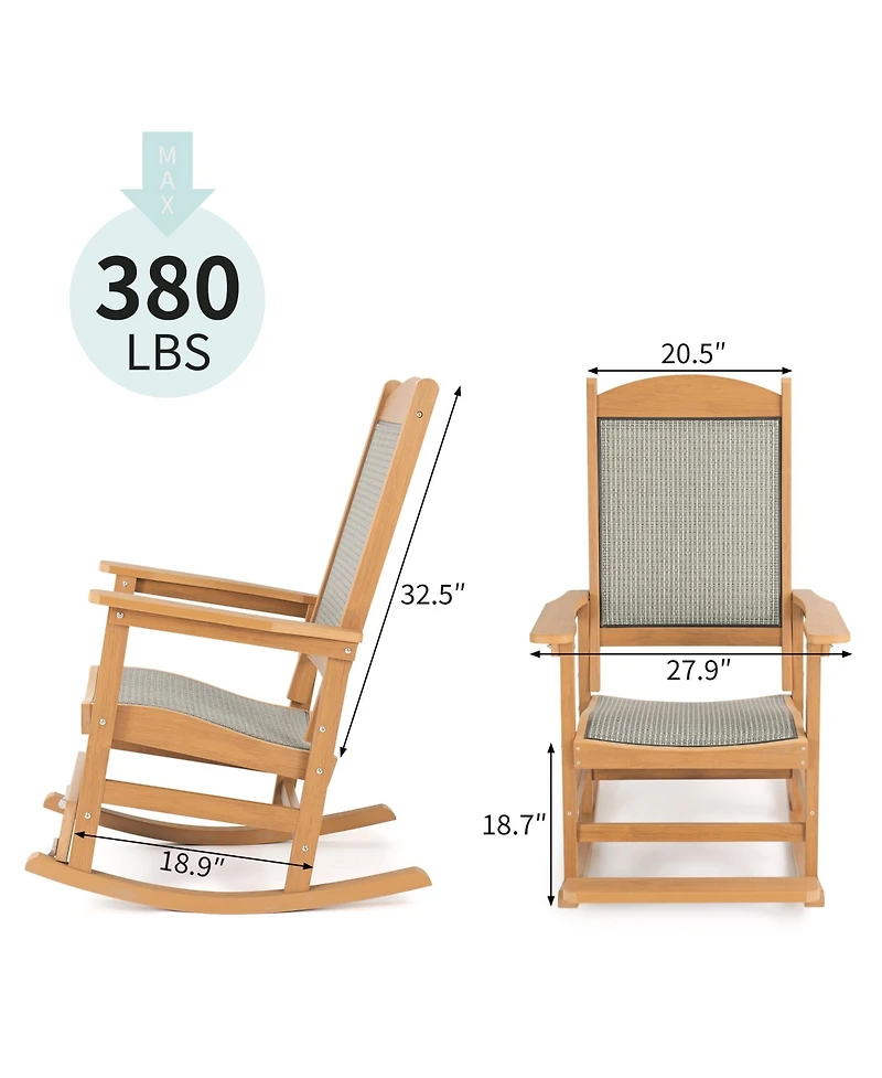 Mega Casa Poly Lumber Outdoor Rocking Chair with High-Strength Textilene Backrest and Seat, Ergonomic Design, Hips, Wood-Like Pattern, Heavy Duty 380