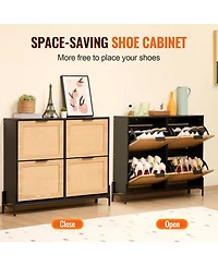 Slickblue Narrow Rattan Shoe Cabinet with 4 Flip Drawers, Slim Entryway Storage with Metal Legs