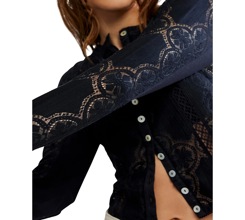 Free People Women's Button-Front Long Sleeve Lace Top