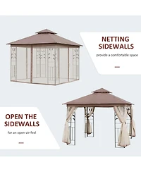 Outsunny 10' x Metal Patio Gazebo, Double Canopy, Tree Motifs,