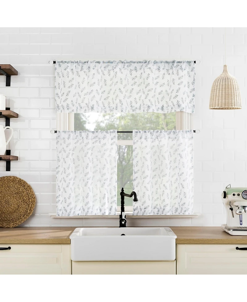No. 918 Hollis Floral Leaf Sheer Rod Pocket Kitchen Curtain Tier Pair
