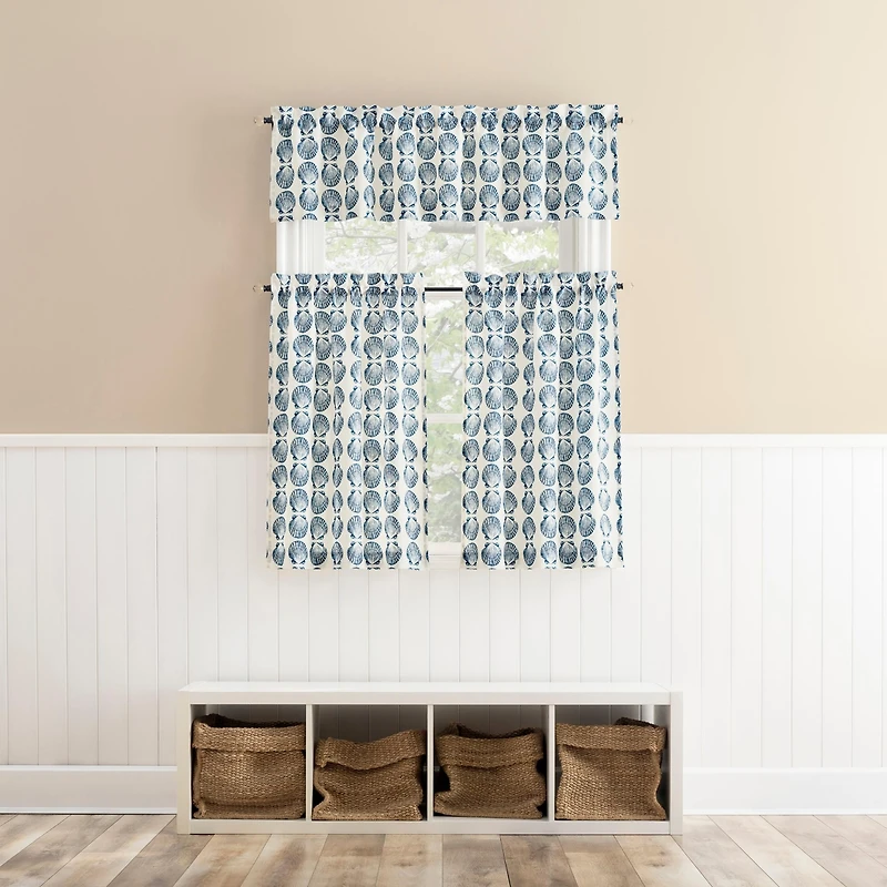 No. 918 Seaside Tonal Seashell Print Semi-Sheer Rod Pocket Kitchen Curtain Valance