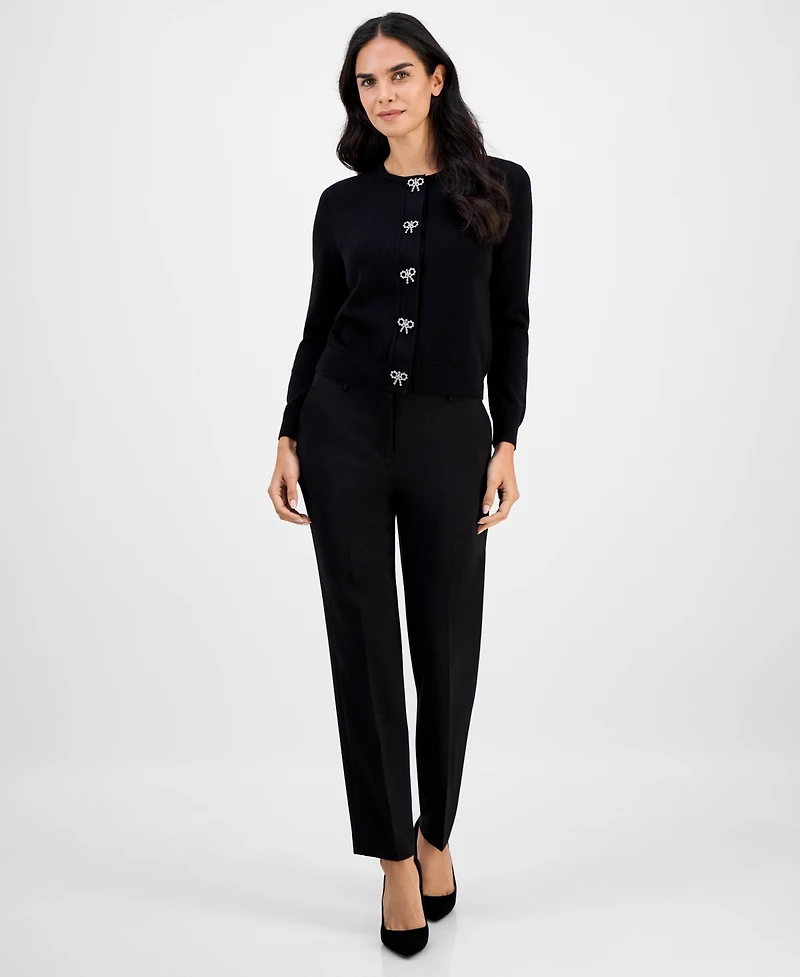 Ak Anne Klein Petite Round-Neck Embellished-Bow Cardigan Sweater