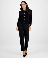Ak Anne Klein Petite Round-Neck Embellished-Bow Cardigan Sweater