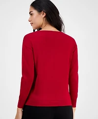 Ak Anne Klein Petite Embellished Boat-Neck Long-Sleeve Top