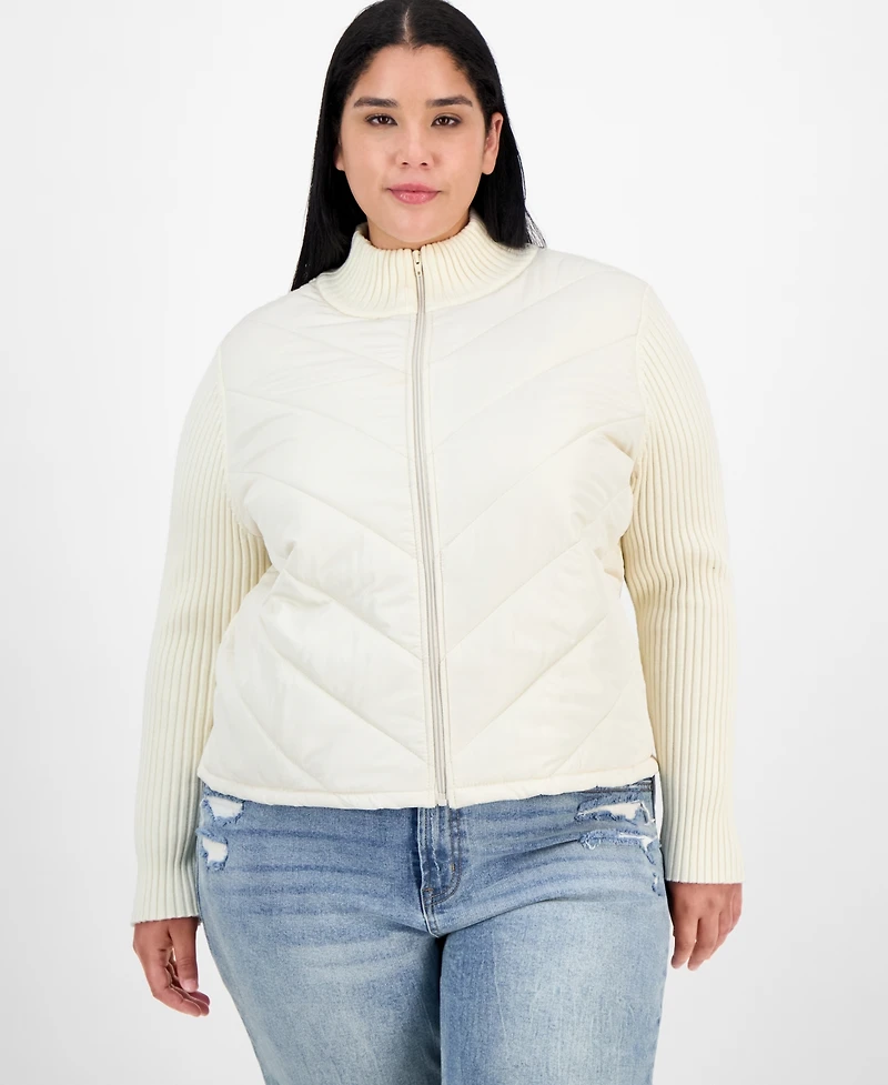 Madden Girl Trendy Plus Zip-Front Mixed-Media Puffer Cardigan
