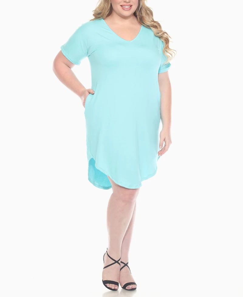 White Mark Plus V-Neck Folded Sleeves and Pockets Knee-Length Dress