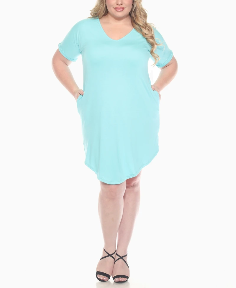 White Mark Plus V-Neck Folded Sleeves and Pockets Knee-Length Dress
