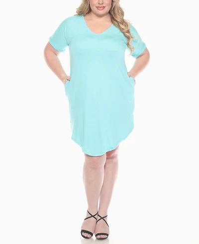White Mark Plus V-Neck Folded Sleeves and Pockets Knee-Length Dress