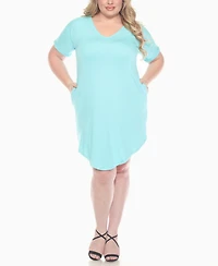 White Mark Plus V-Neck Folded Sleeves and Pockets Knee-Length Dress