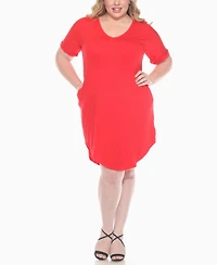 White Mark Plus V-Neck Folded Sleeves and Pockets Knee-Length Dress