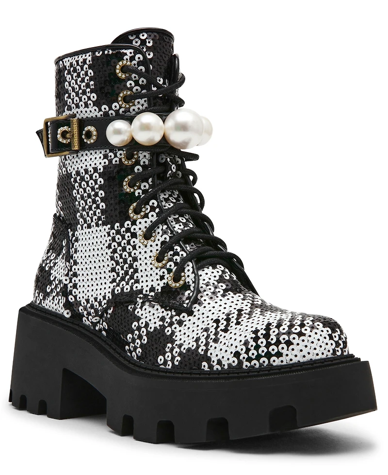 Betsey Johnson Women's Jonnie Embellished Combat Booties
