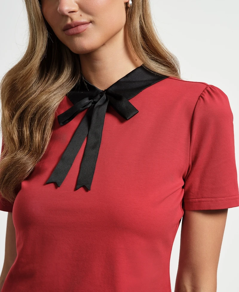 Isaac Mizrahi Women's Satin Bow Neck Peter Pan T-Shirt