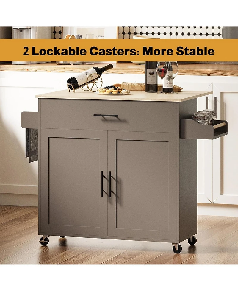 Ironck Rolling Kitchen Island Table on Wheels with Solid Wood Top, Dark Gray
