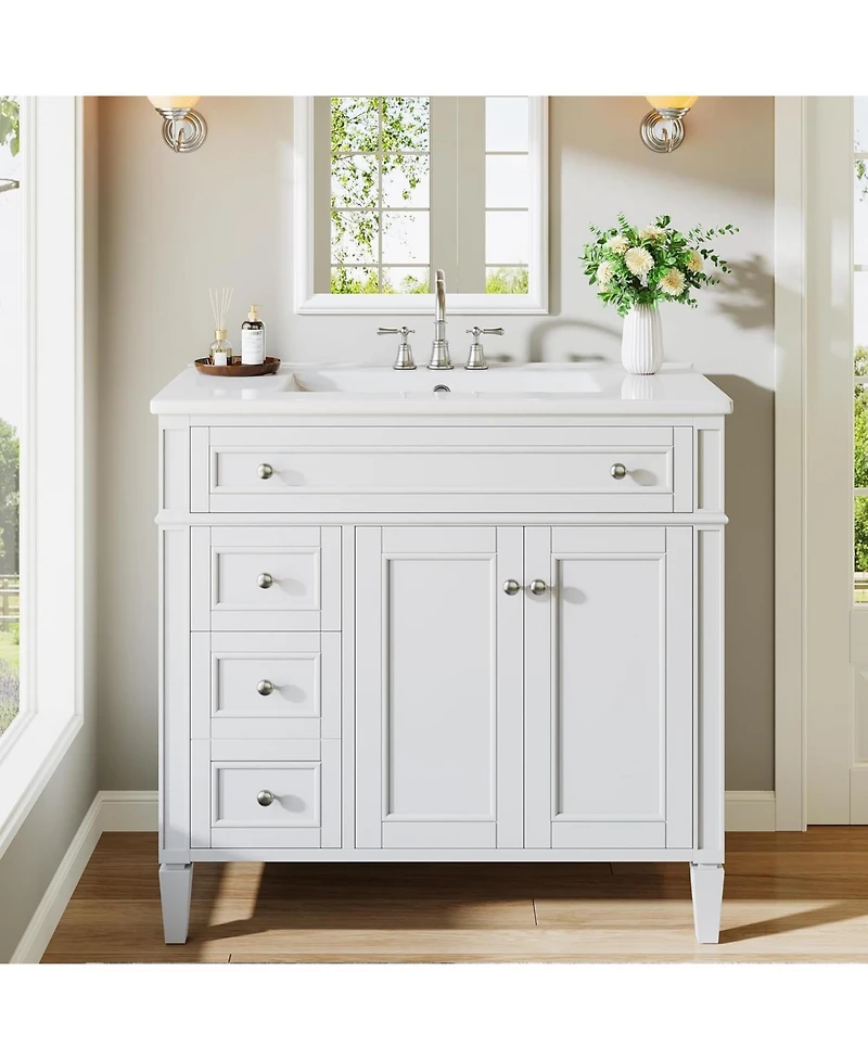 Tribesigns 36" Bathroom Vanity with Sink, 4 Drawers & 2 Doors, Bathroom Storage Vanity with Metal Handles, Solid Wood Frame, Paint Surface White