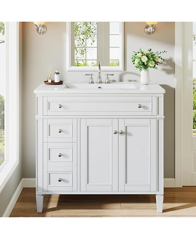 Tribesigns 36" Bathroom Vanity with Sink, 4 Drawers & 2 Doors, Bathroom Storage Vanity with Metal Handles, Solid Wood Frame, Paint Surface White