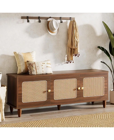 Tribesigns 55" Shoe Bench with Lift Top Storage, 2-Tier Entryway Bench with 3 Rattan Doors