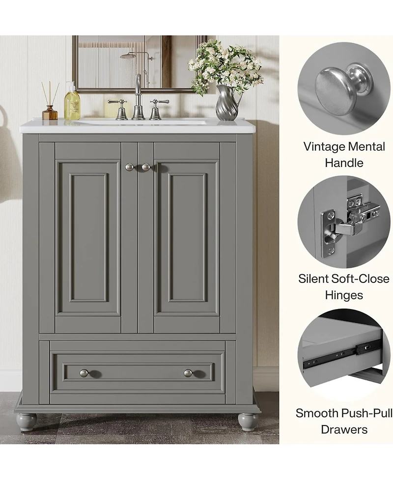 Tribesigns 24" Bathroom Vanity with Ceramic Sink Combo, Freestanding Bathroom Storage Vanity Cabinet with 2 Doors & 1 Drawer, Solid Wooden Frame & Coa