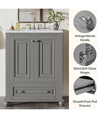 Tribesigns 24" Bathroom Vanity with Ceramic Sink Combo, Freestanding Bathroom Storage Vanity Cabinet with 2 Doors & 1 Drawer, Solid Wooden Frame & Coa