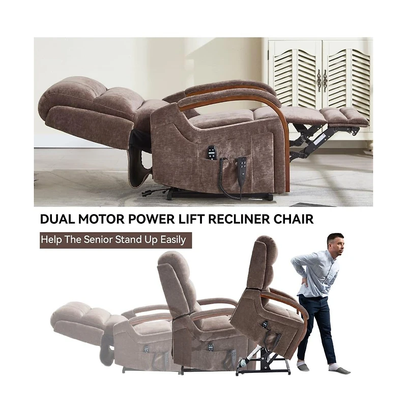 Maison Boucle Dual Motor Power Lift Recliner with Massage & Heat, Infinite Position Electric Chair Solid Wood Arms-Maison