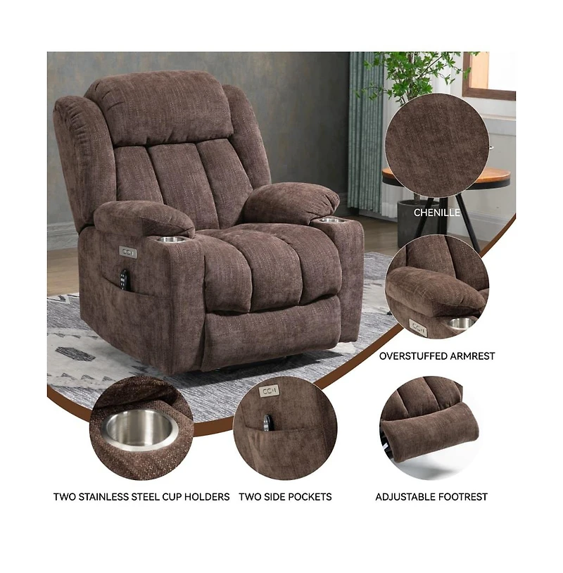 Maison Boucle Power Lift Recliner with Heat & Massage, Electric Chenille Chair Usb Port, Cup Holders Heavy-Duty 350 Lbs Support-Maison