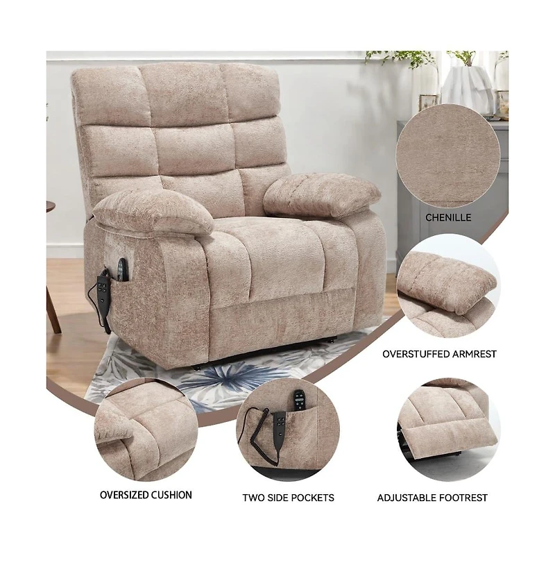 Maison Boucle Oversized Chenille Power Lift Chair with Massage & Heat, Dual Motor Electric Recliner, Infinite Position-Maison