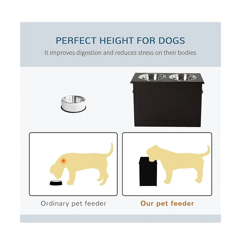 Aostirmotor Dark Brown Raised Pet Feeding Storage Station with 2 Stainless Steel Bowls for Large Dogs