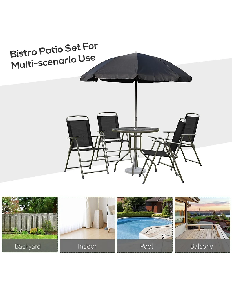 Outsunny 6 Piece Patio Dining Set with Garden Umbrella, 4 Folding Chairs,