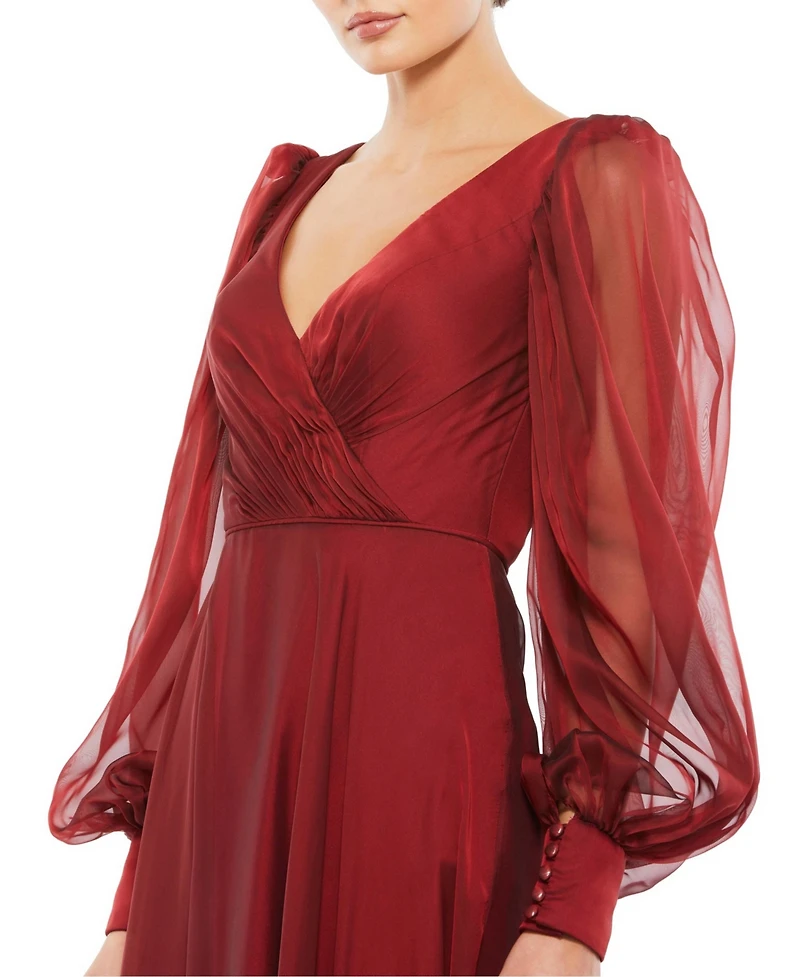 Mac Duggal Women's Sheer Blouson Sleeve Surplice Gown