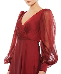 Mac Duggal Women's Sheer Blouson Sleeve Surplice Gown