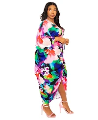 Buxom Couture Women's Plus Size Printed Cinch Waist Kaftan Dress