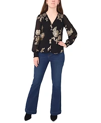 Sam & Jess Petite Button Front Smocked-Trim Long-Sleeve Top