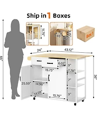 43.12-Inch White Kitchen Island & Cart with Drop-Leaf, 2 Drawers, Adjustable Shelves, Lockable Wheels & Wood Top for Kitchen & Bar
