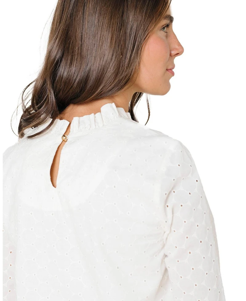 Hope & Henry Women's Organic Ruffle Neck Eyelet Top