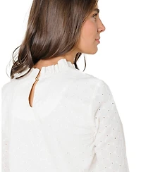 Hope & Henry Women's Organic Ruffle Neck Eyelet Top
