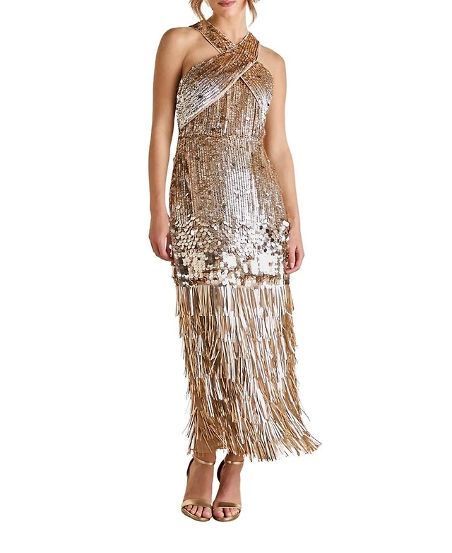 macy's gold sequin dress Coast Women's Tassel Halter Neck the cape sleeves add a touch of drama Macys City Studios Prom Dress