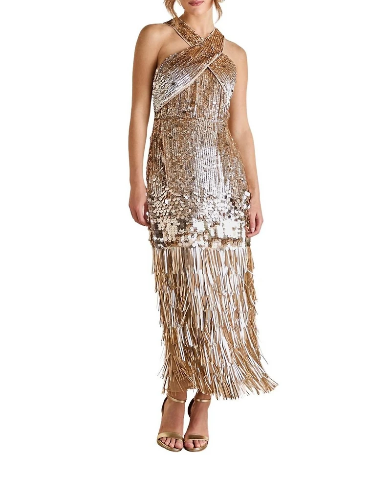 Coast Women's Gold Sequin Tassel Halter Neck Dress