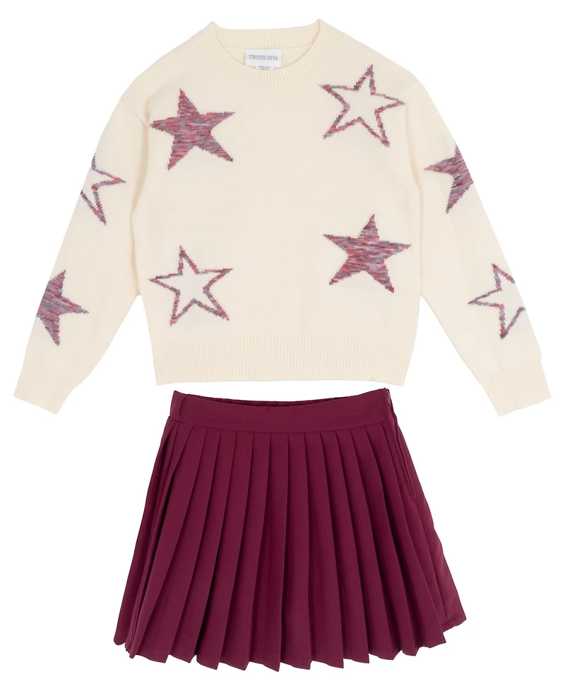 Rare Editions Big Girls 2-Piece Star Sweater and Pleated Skort Set