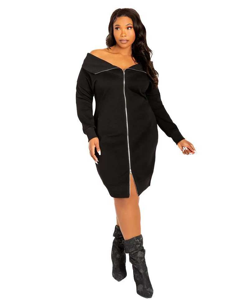 Buxom Couture Women's Plus Off Shoulder Zip-up Sweater Dress