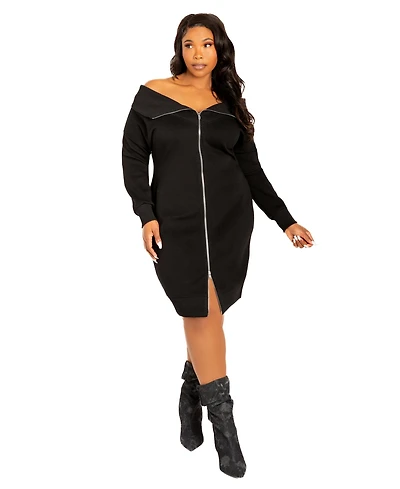 Buxom Couture Women's Plus Off Shoulder Zip-up Sweater Dress