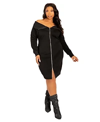 Buxom Couture Women's Plus Off Shoulder Zip-up Sweater Dress