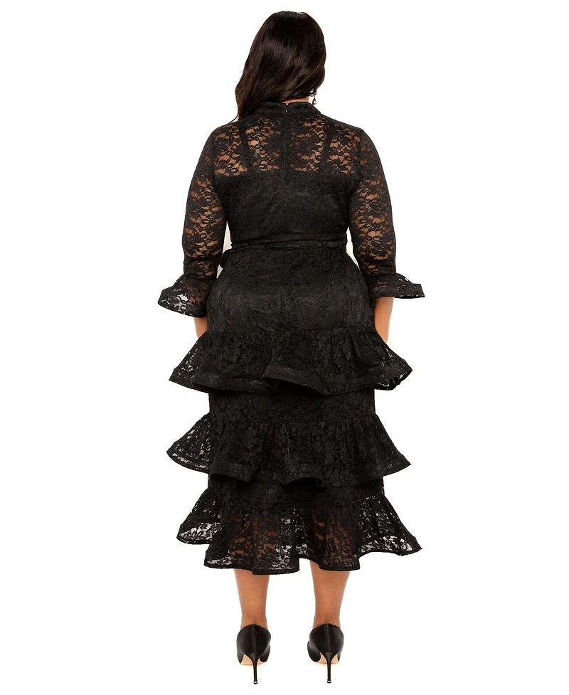 Buxom Couture Plus Lace Bell Sleeve Tiered Dress
