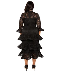 Buxom Couture Plus Lace Bell Sleeve Tiered Dress