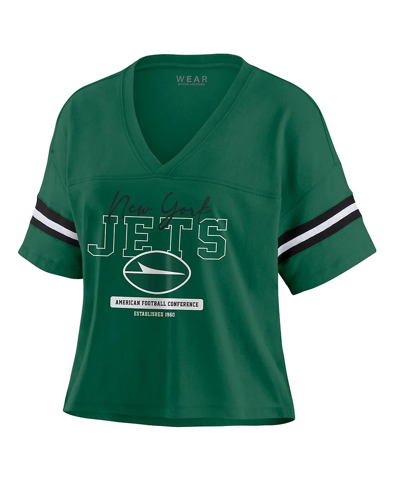 Wear by Erin Andrews Women's Green New York Jets Color Block Boxy Modest Crop V-Neck T-Shirt